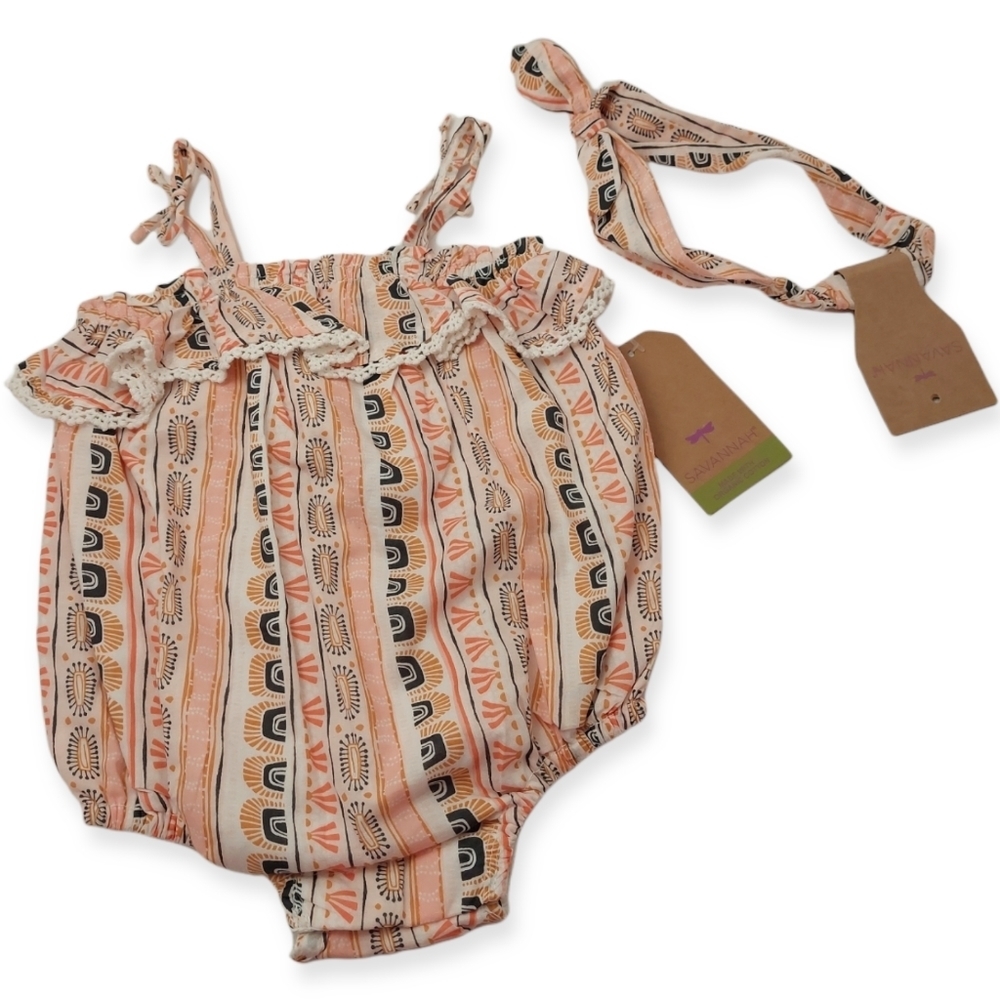 Savannah Romper Headband Set Organic Cotton Size 3 - 6 Months Baby NEW